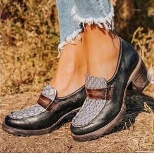Freebird Bristol heeled loafer shoe black leather blue snake print boho chunky 8